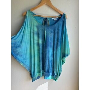 Lascana for Venus Blue Green Tie Dye Cold Shoulder Blouse Top Large Large Boho